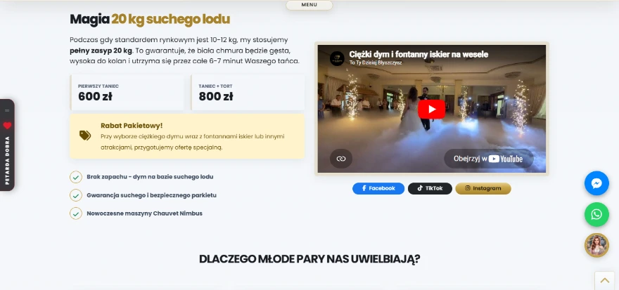 Landing page atrakcji „Ciężki dym na pierwszy taniec” na magic-moments.pl — sprzedaż usługi eventowej